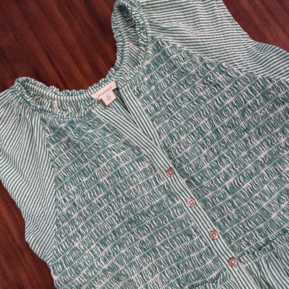 Sundance Topsail Tiered Seersucker Stripe Midi Dress Size XL Green